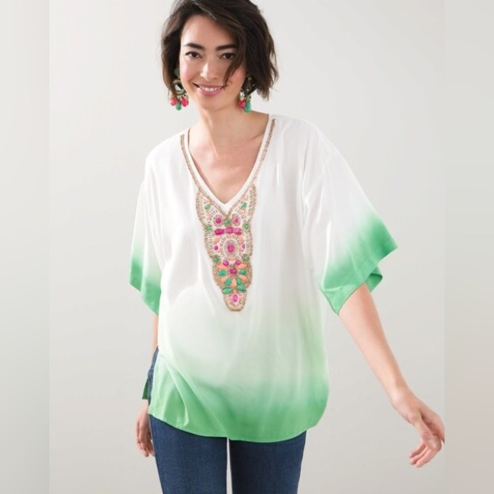 NWT Chico’s Embellished Ombré Short Sleeve Kurta Top Size L Modern Boho